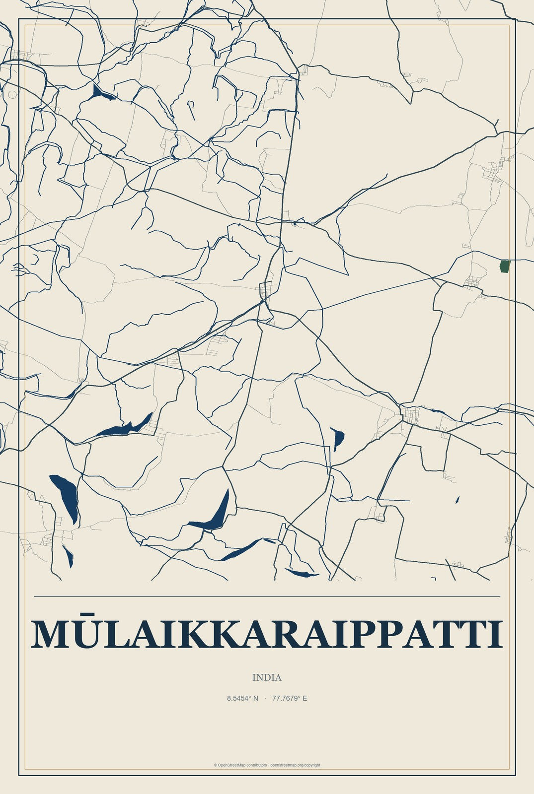 Mūlaikkaraippatti, India City Map Aluminum Sign in Coastal Cutout style