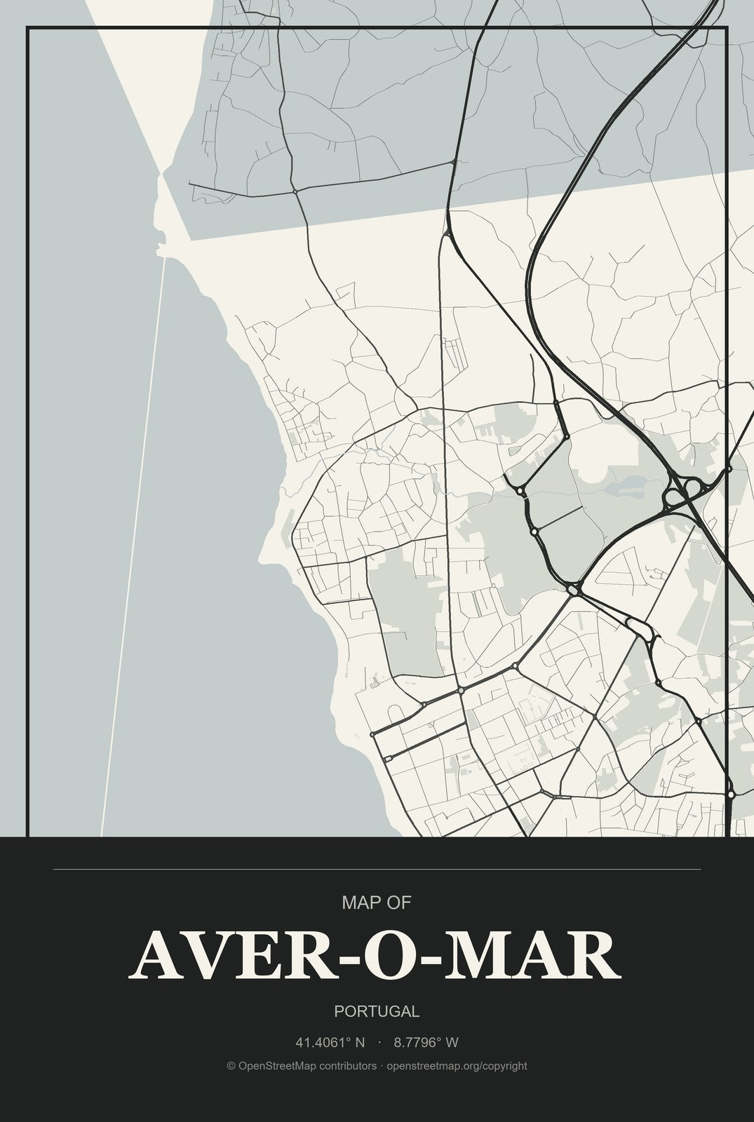 Aver-o-Mar, Portugal City Map Aluminum Sign in Museum Plaque style