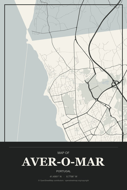 Aver-o-Mar, Portugal City Map Aluminum Sign in Museum Plaque style