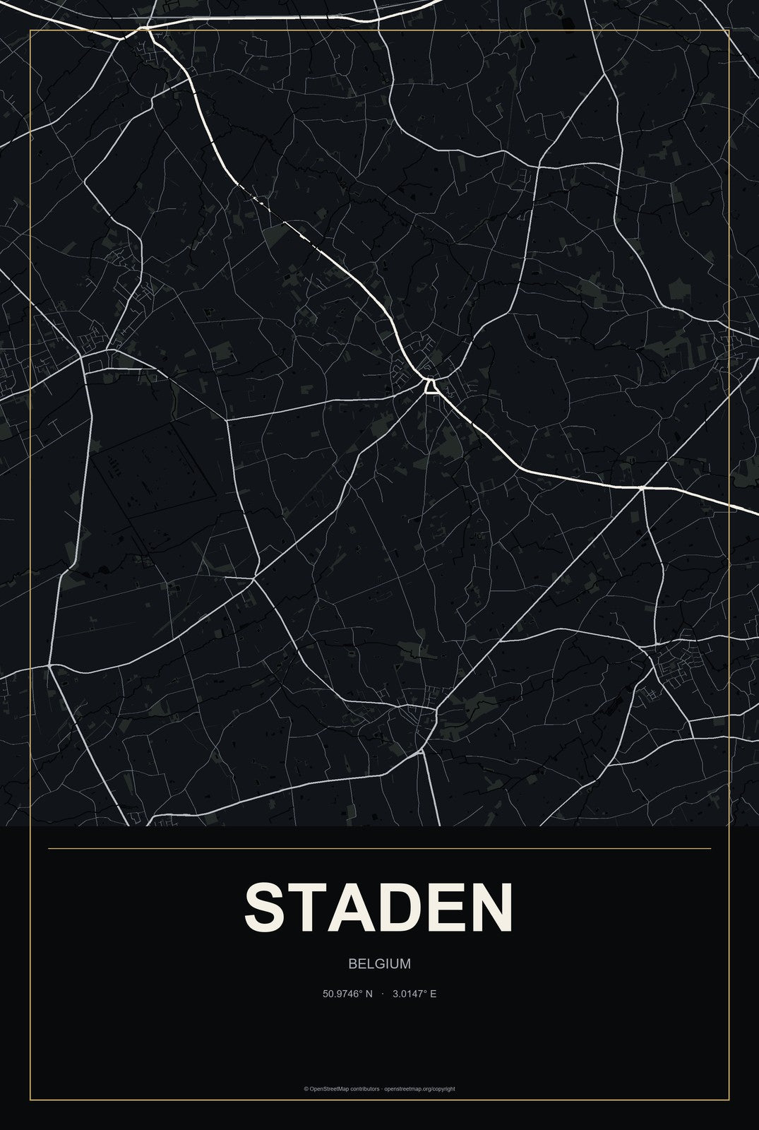 Staden, Belgium City Map Aluminum Sign in Metropolitan Noir style