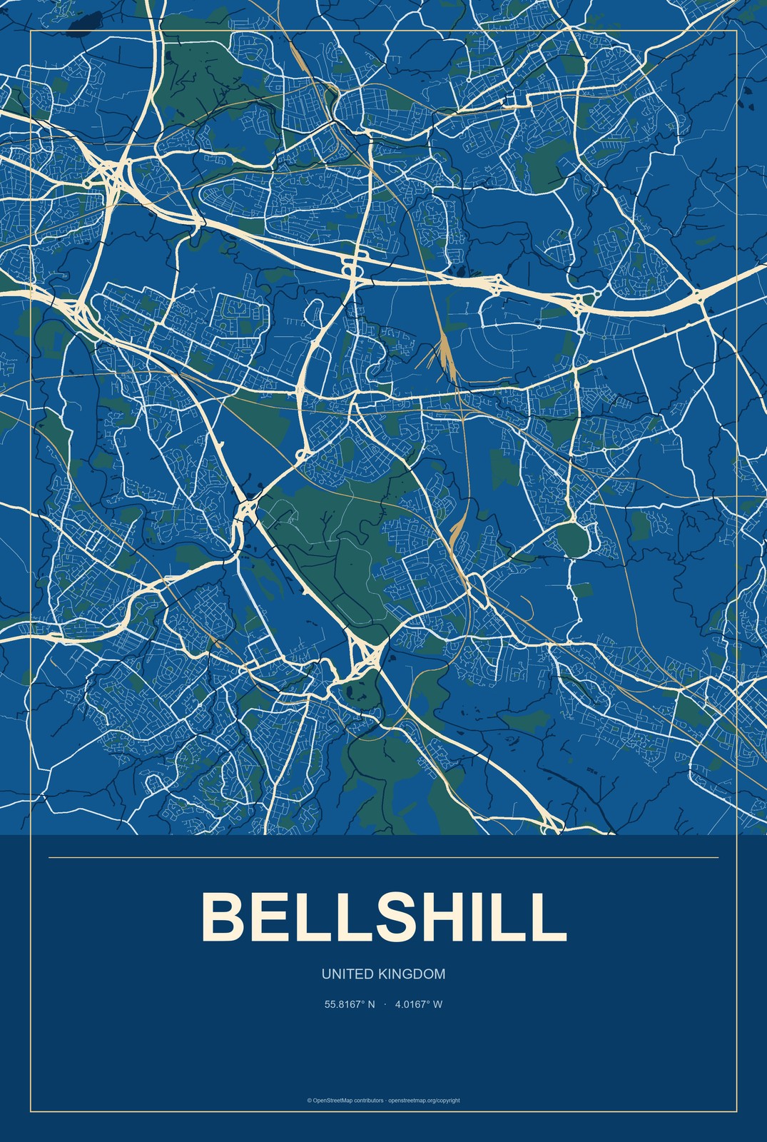 Bellshill, United Kingdom City Map Aluminum Sign in Harbor Cobalt style