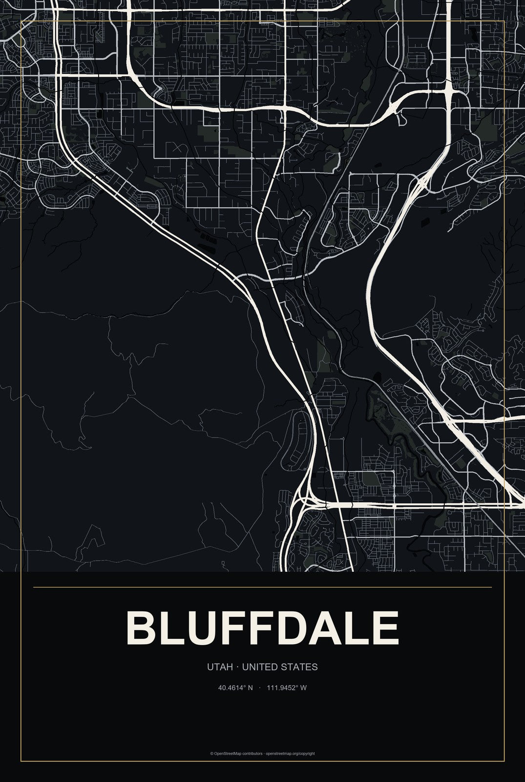 Bluffdale, Utah City Map Aluminum Sign in Metropolitan Noir style