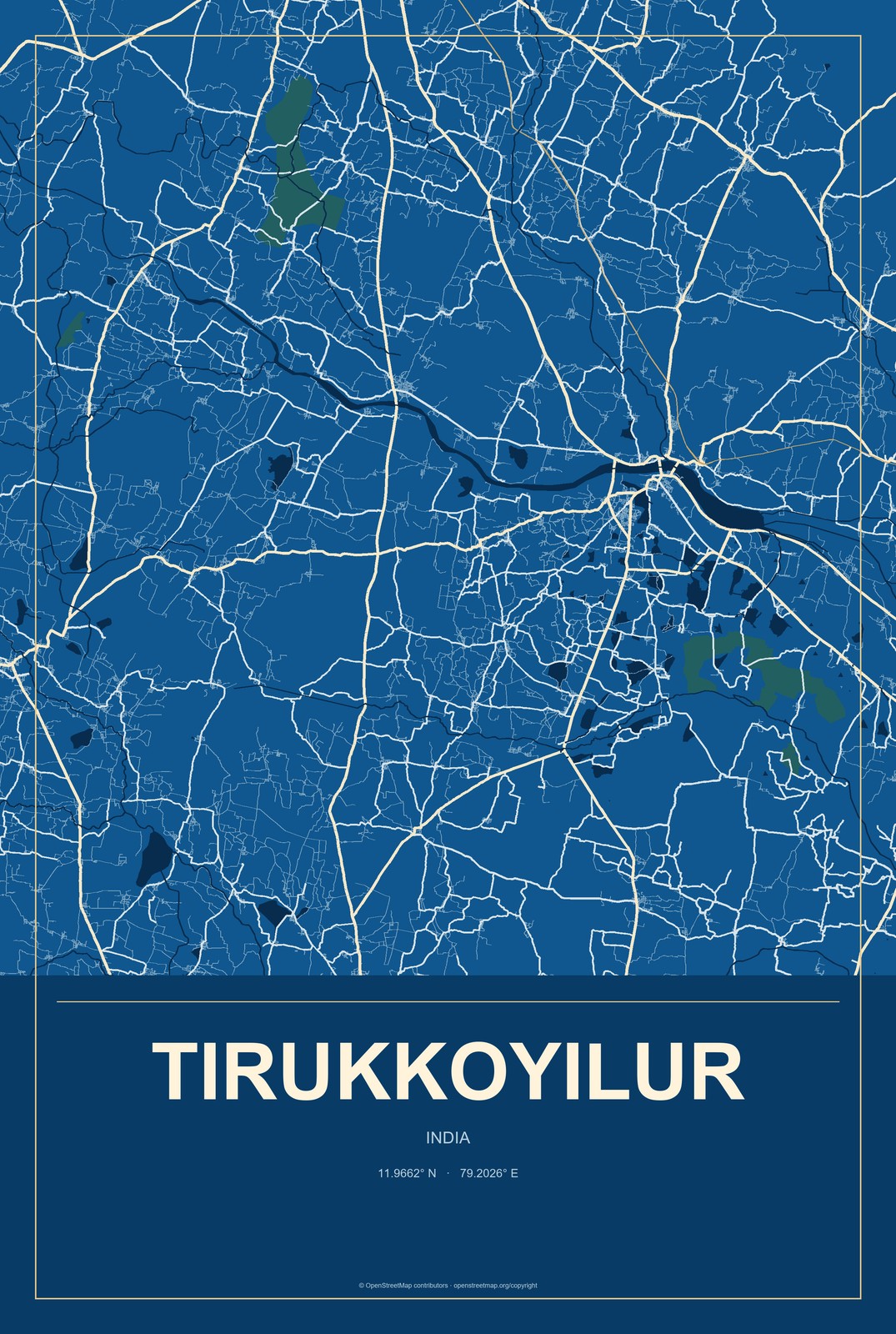 Tirukkoyilur, India City Map Aluminum Sign in Harbor Cobalt style