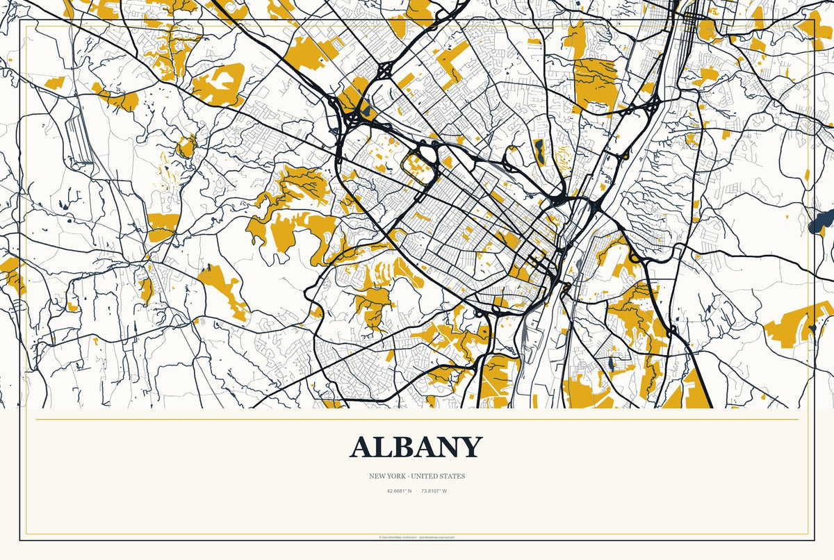 Albany, New York City Map Aluminum Sign in Citrine Modern style