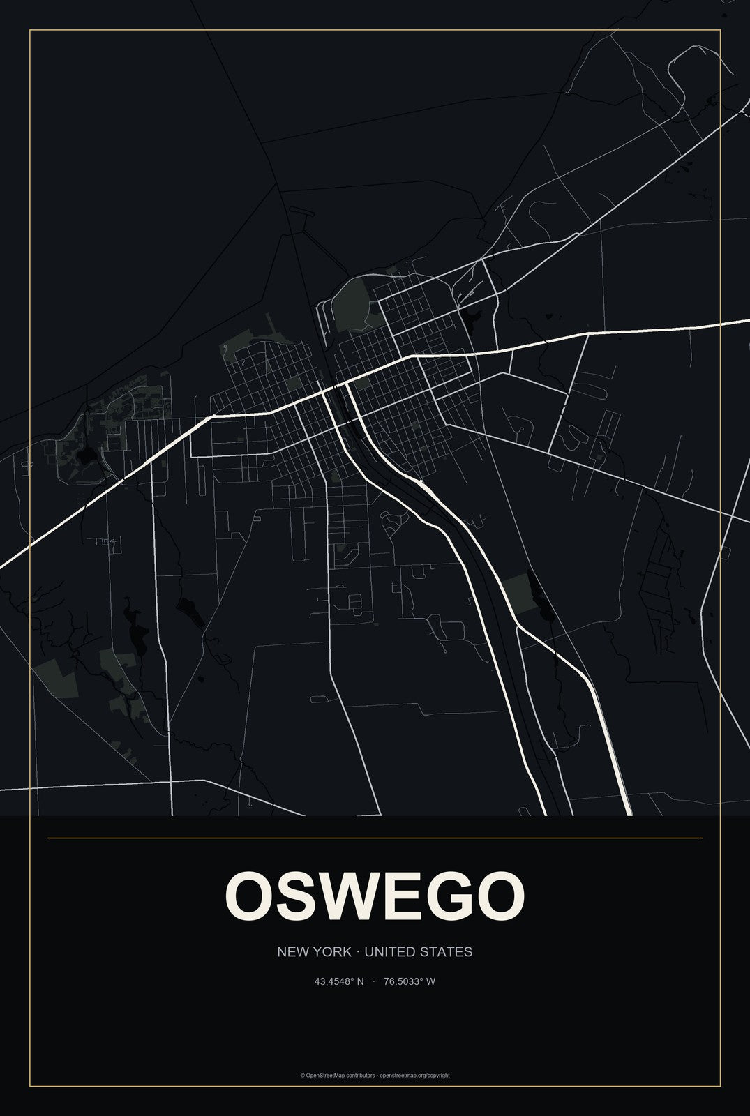 Oswego, New York City Map Aluminum Sign in Metropolitan Noir style