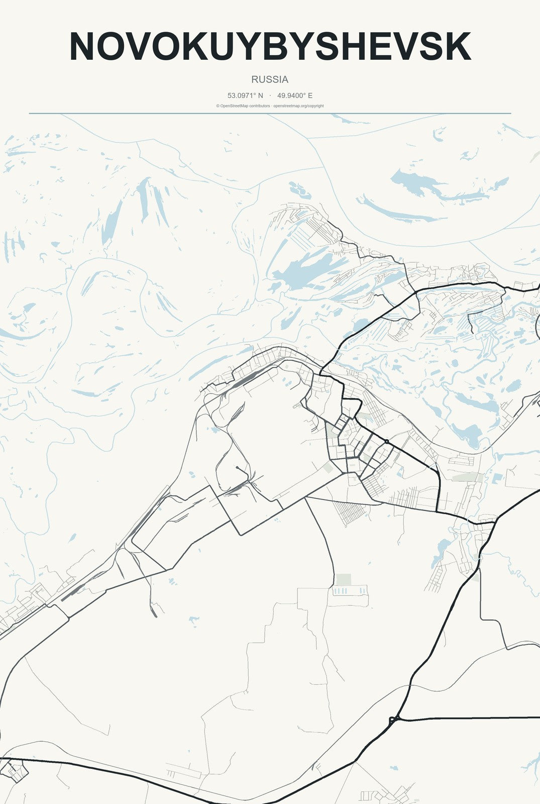 Novokuybyshevsk, Russia City Map Aluminum Sign in Headline Atlas style