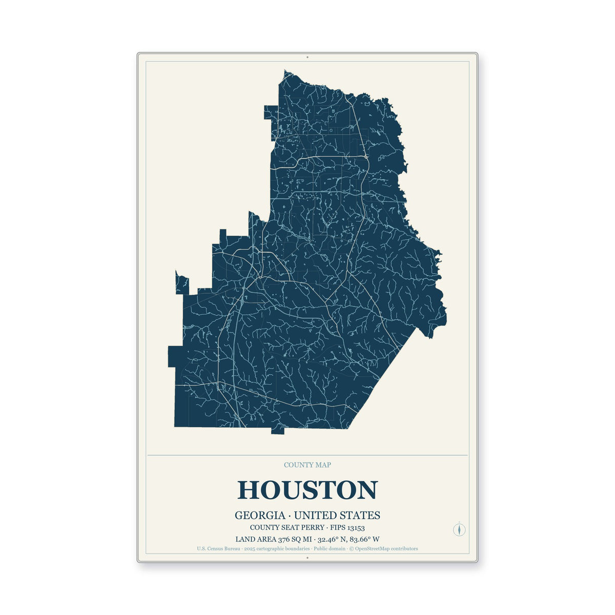 Houston County, Georgia Map Aluminum Sign in Coastal Cutout style
