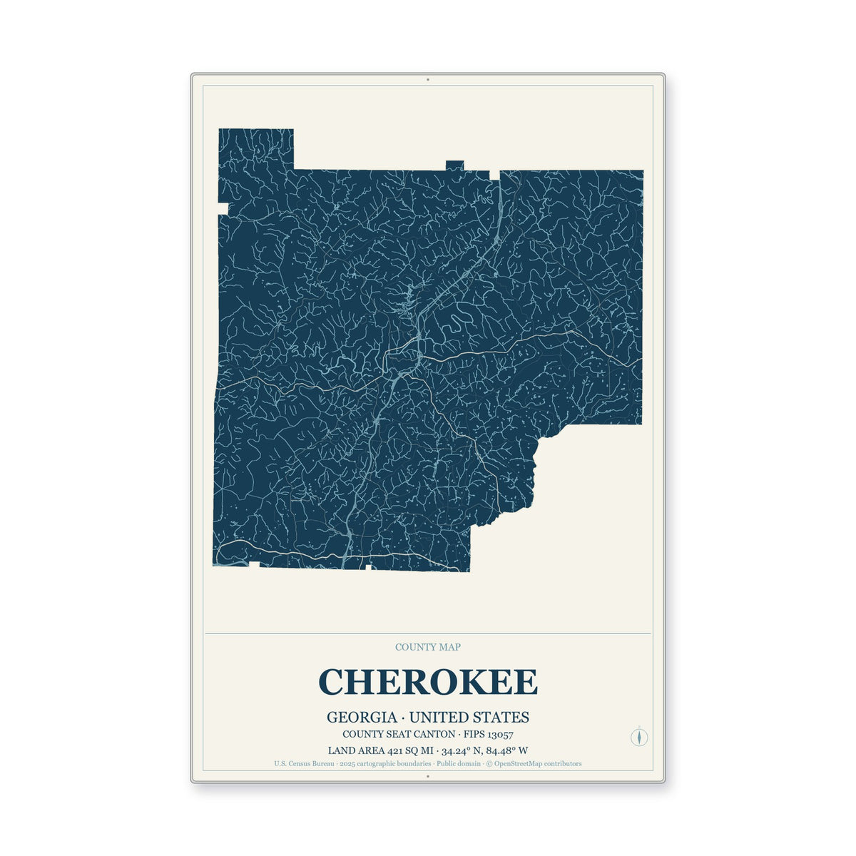 Cherokee County, Georgia Map Aluminum Sign in Coastal Cutout style