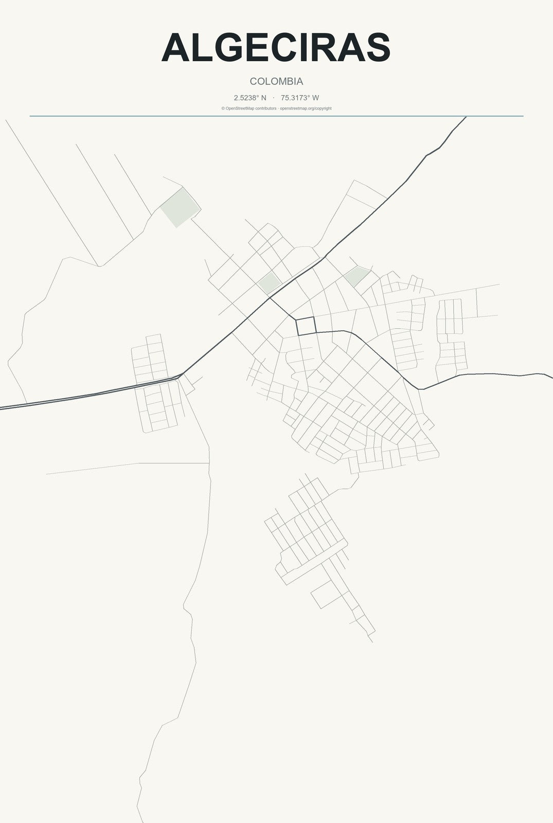 Algeciras, Colombia City Map Aluminum Sign in Headline Atlas style