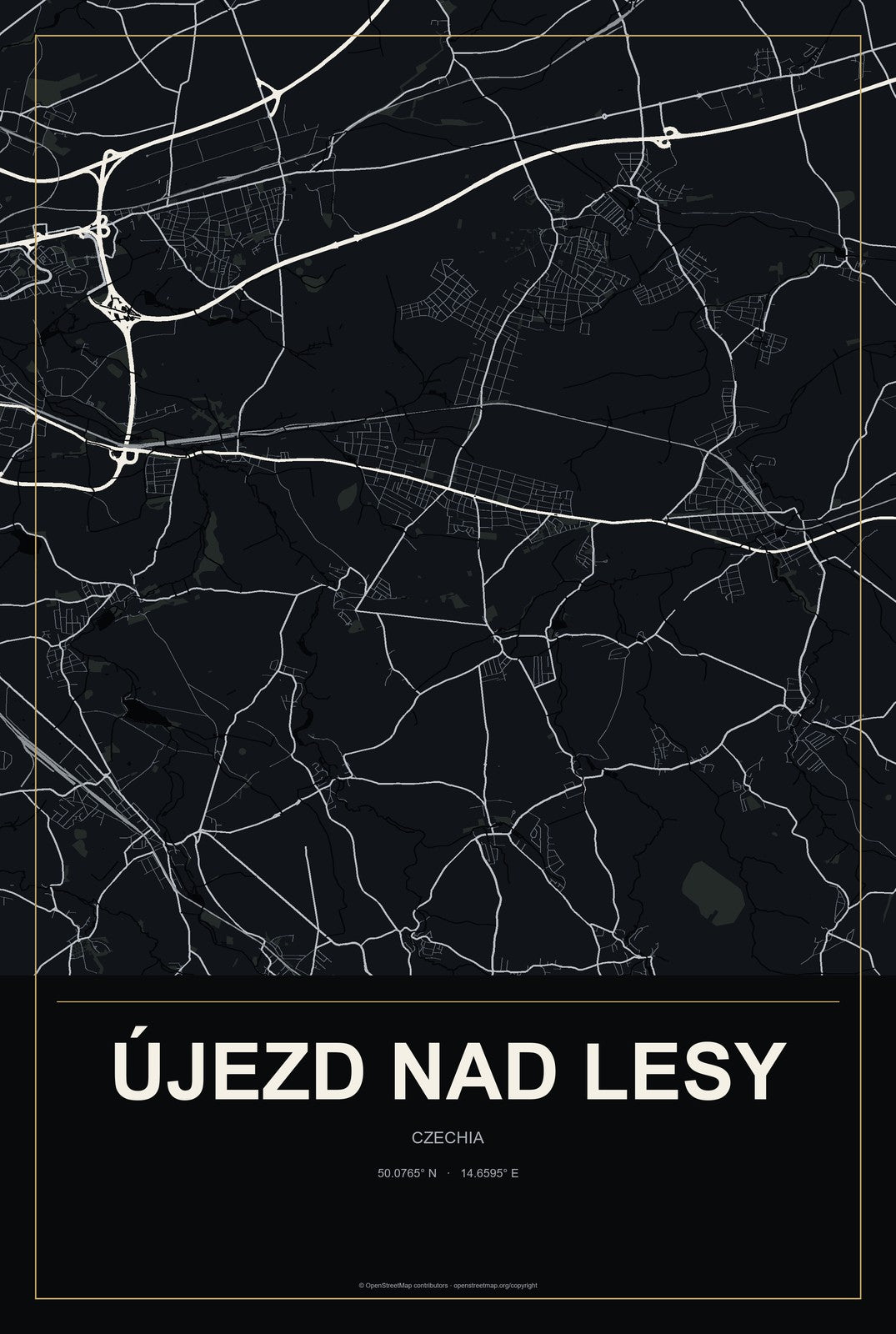 Újezd nad Lesy, Czechia City Map Aluminum Sign in Metropolitan Noir style