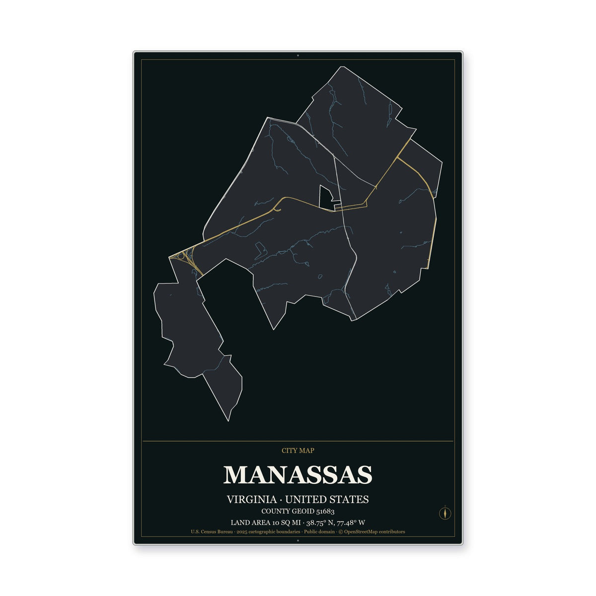 Manassas city, Virginia Map Aluminum Sign in Metropolitan Noir style