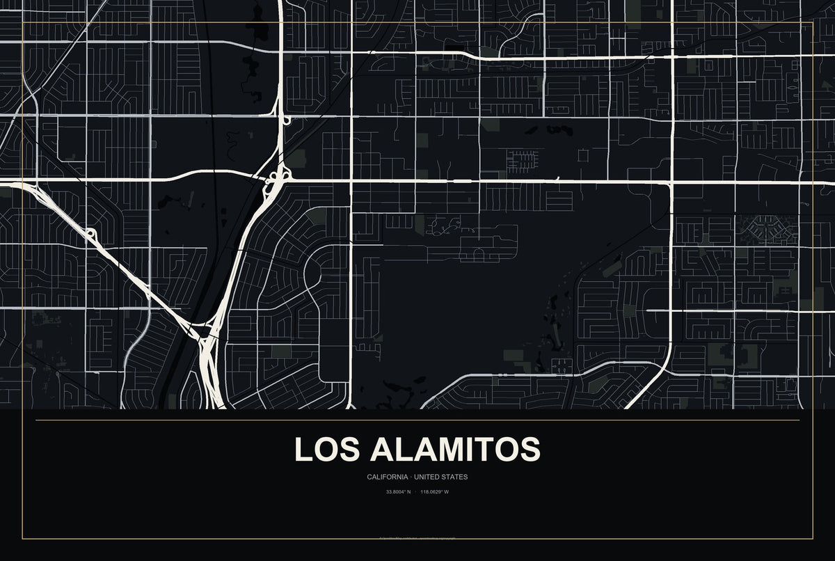 Los Alamitos, California City Map Aluminum Sign in Metropolitan Noir style