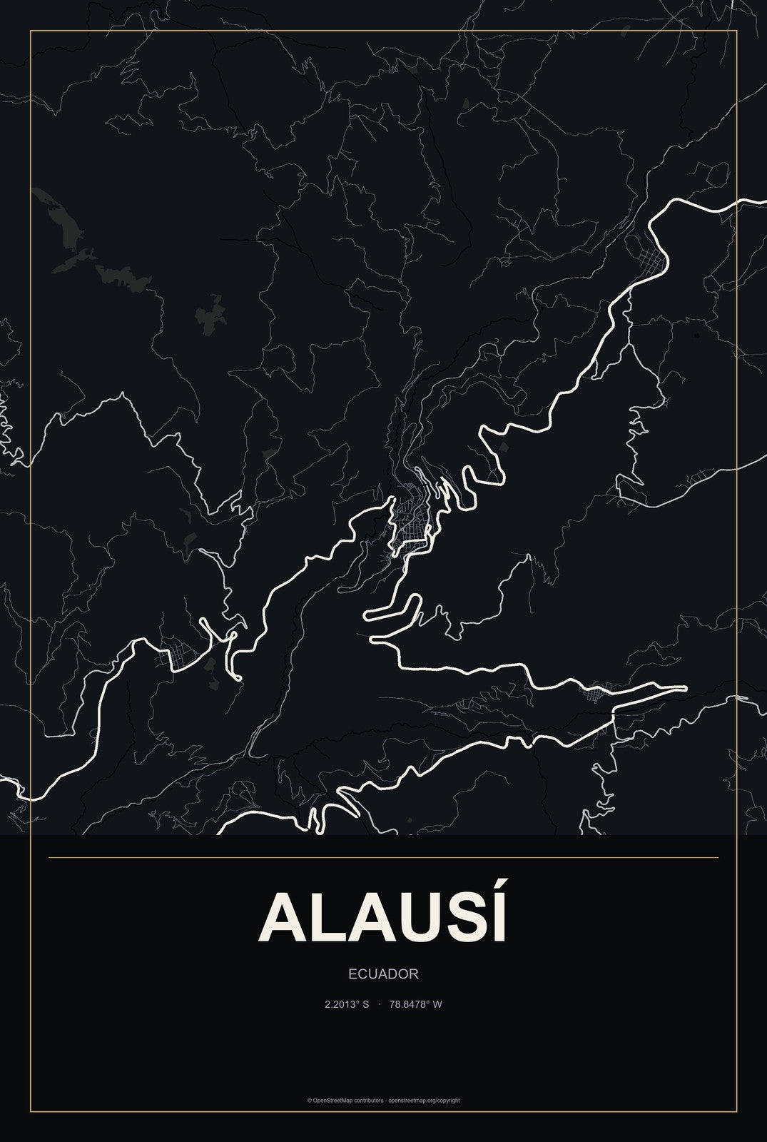 Alausí, Ecuador City Map Aluminum Sign in Metropolitan Noir style