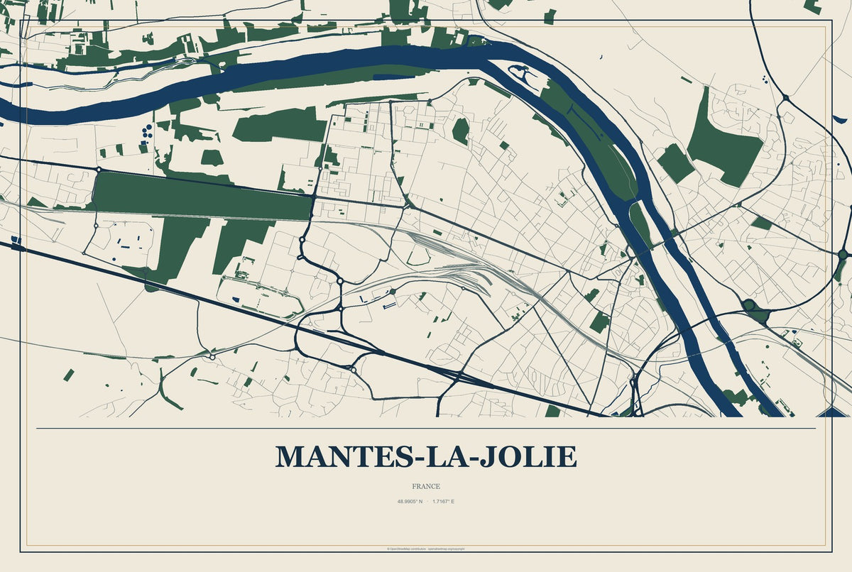 Mantes-la-Jolie, France City Map Aluminum Sign in Coastal Cutout style