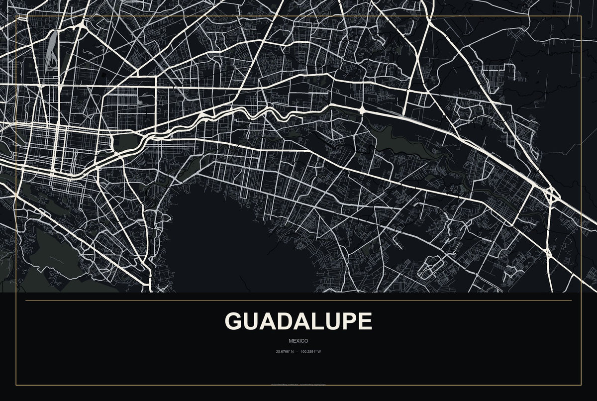 Guadalupe, Zacatecas, Mexico City Map Aluminum Sign in Metropolitan Noir style