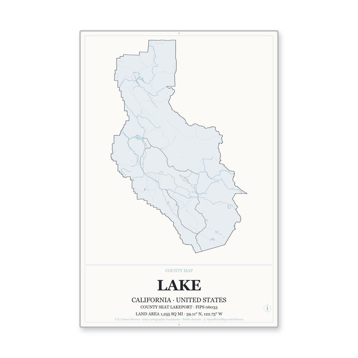 Lake County, California Map Aluminum Sign in Gallery Air style