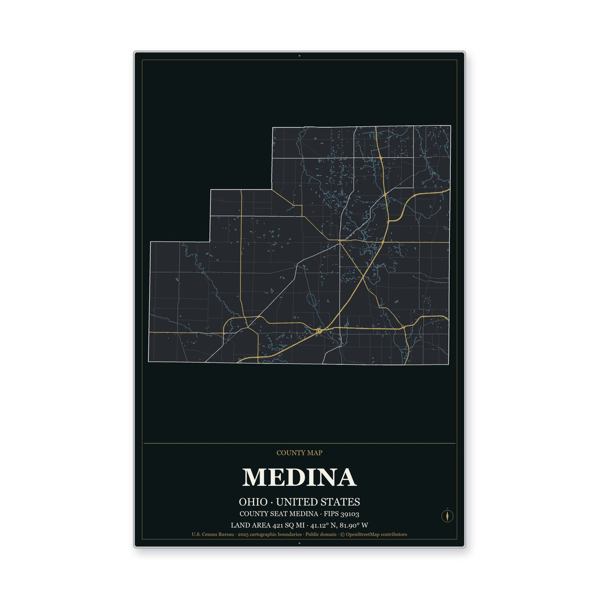 Medina County, Ohio Map Aluminum Sign in Metropolitan Noir style
