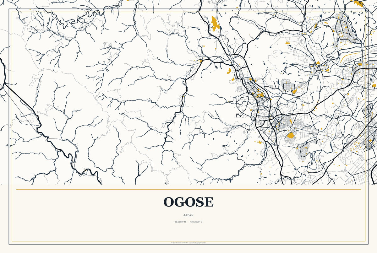 Ogose, Japan City Map Aluminum Sign in Citrine Modern style