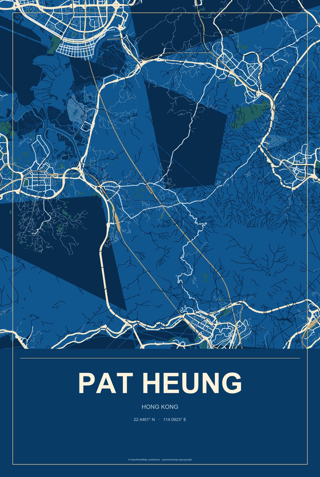 Pat Heung, Hong Kong City Map Aluminum Sign in Harbor Cobalt style