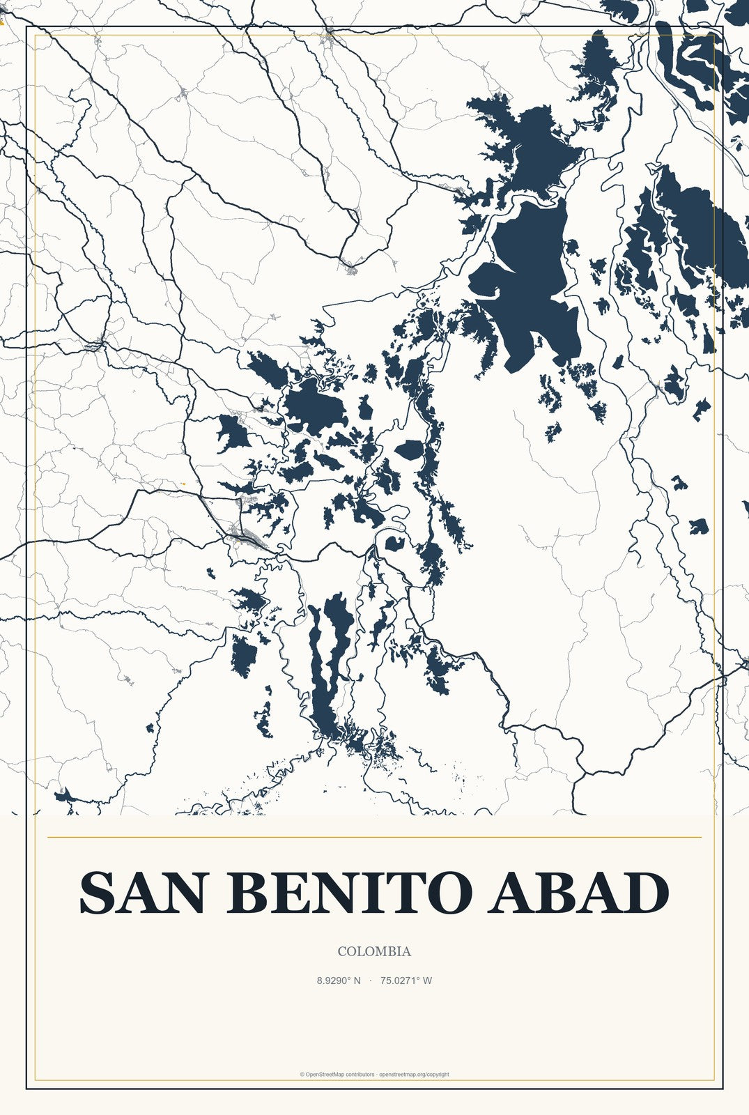 San Benito Abad, Colombia City Map Aluminum Sign in Citrine Modern style