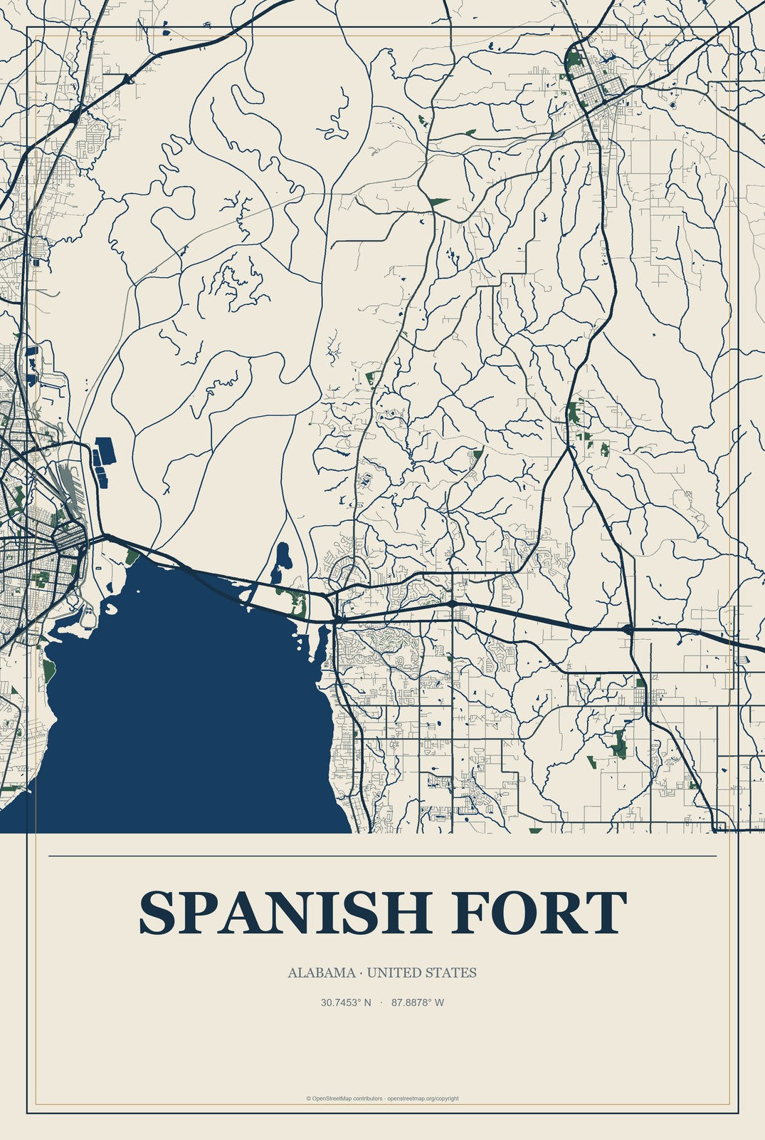 Spanish Fort, Alabama City Map Aluminum Sign in Coastal Cutout style