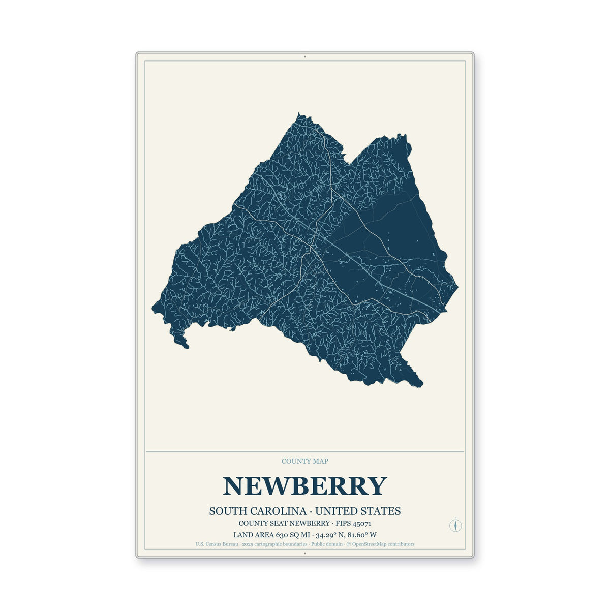 Newberry County, South Carolina Map Aluminum Sign in Coastal Cutout style