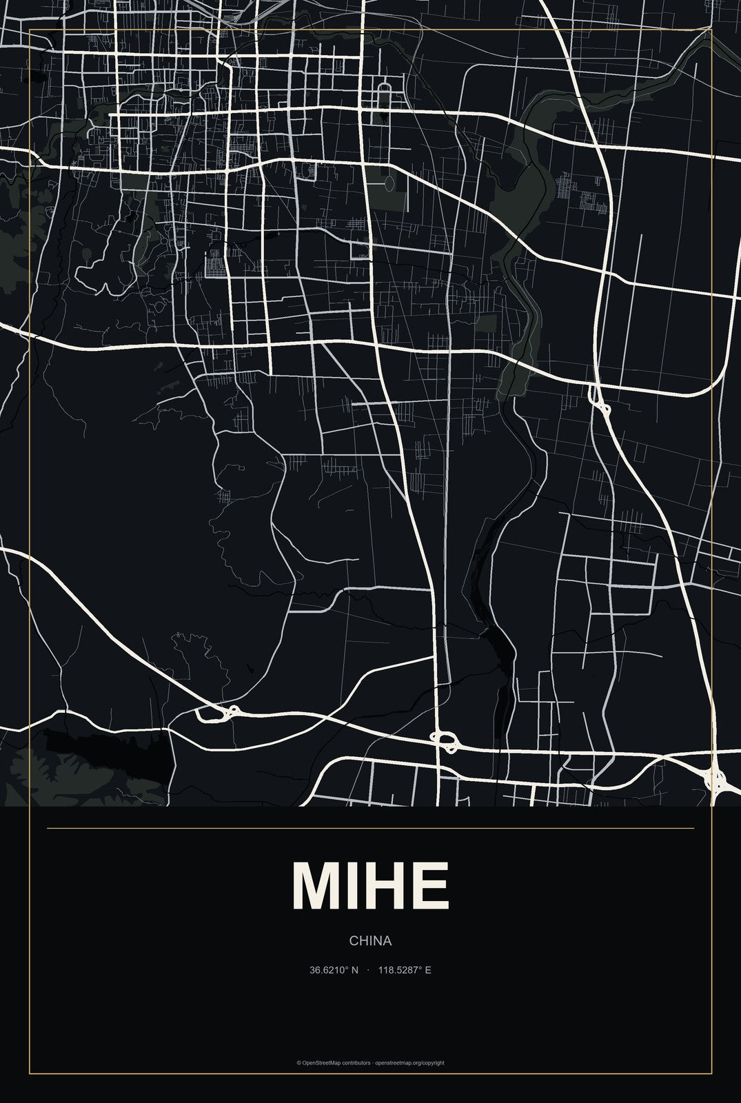Mihe, China City Map Aluminum Sign in Metropolitan Noir style