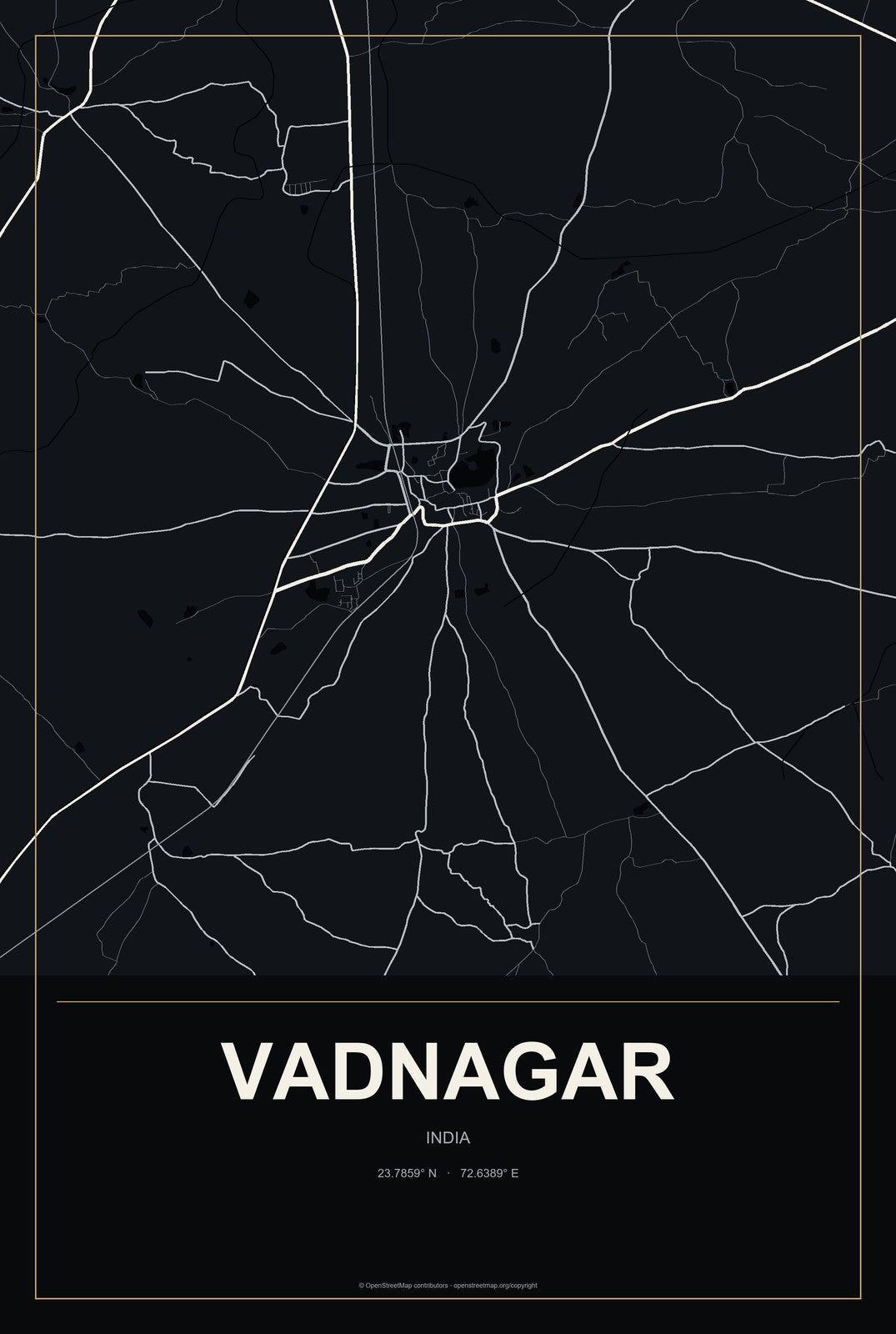 Vadnagar, India City Map Aluminum Sign in Metropolitan Noir style