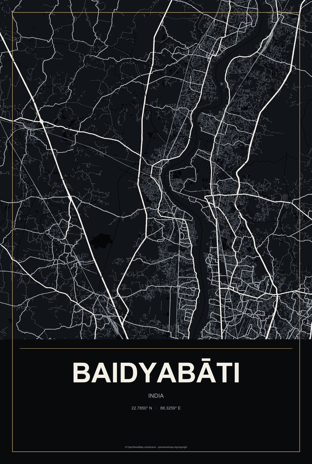 Baidyabāti, India City Map Aluminum Sign in Metropolitan Noir style