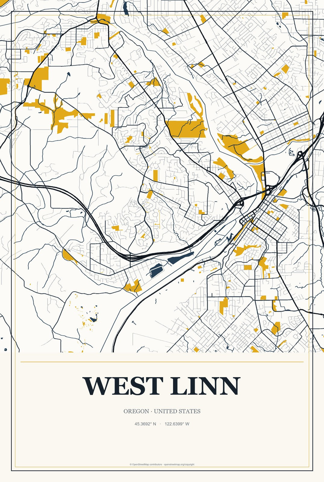 West Linn, Oregon City Map Aluminum Sign in Citrine Modern style