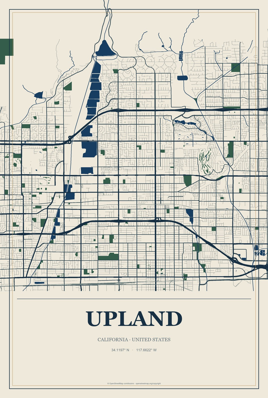 Upland, California City Map Aluminum Sign in Coastal Cutout style