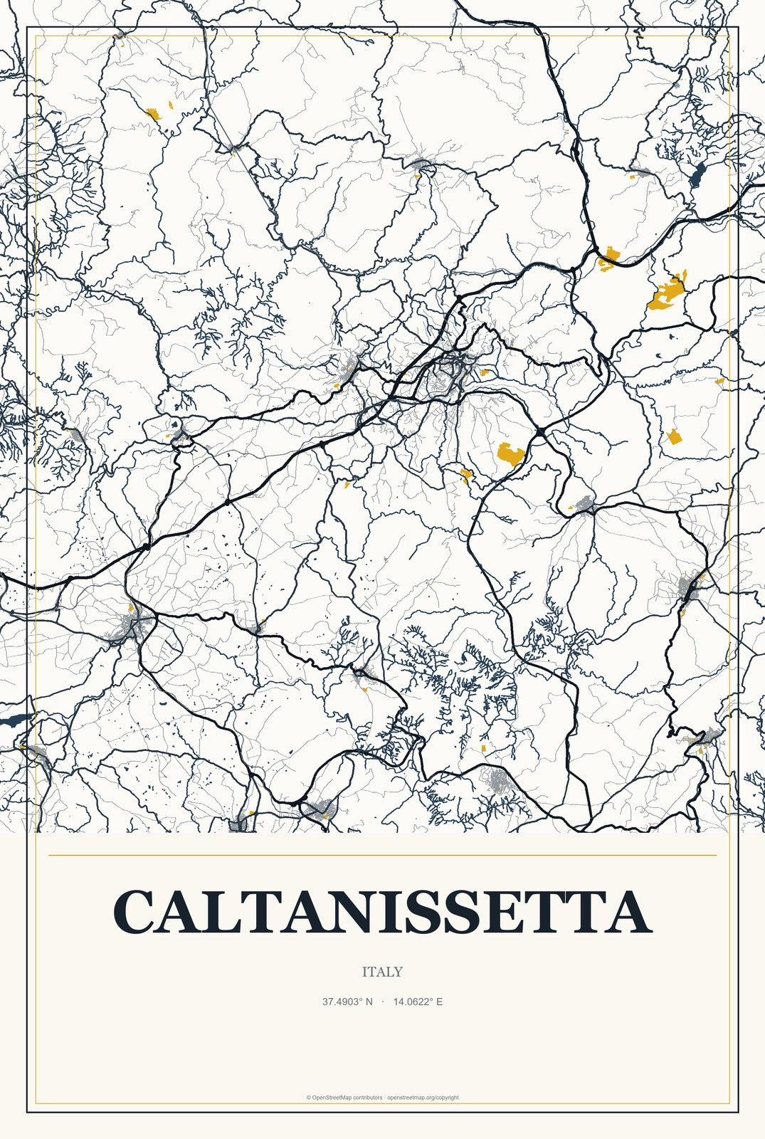 Caltanissetta, Italy City Map Aluminum Sign in Citrine Modern style