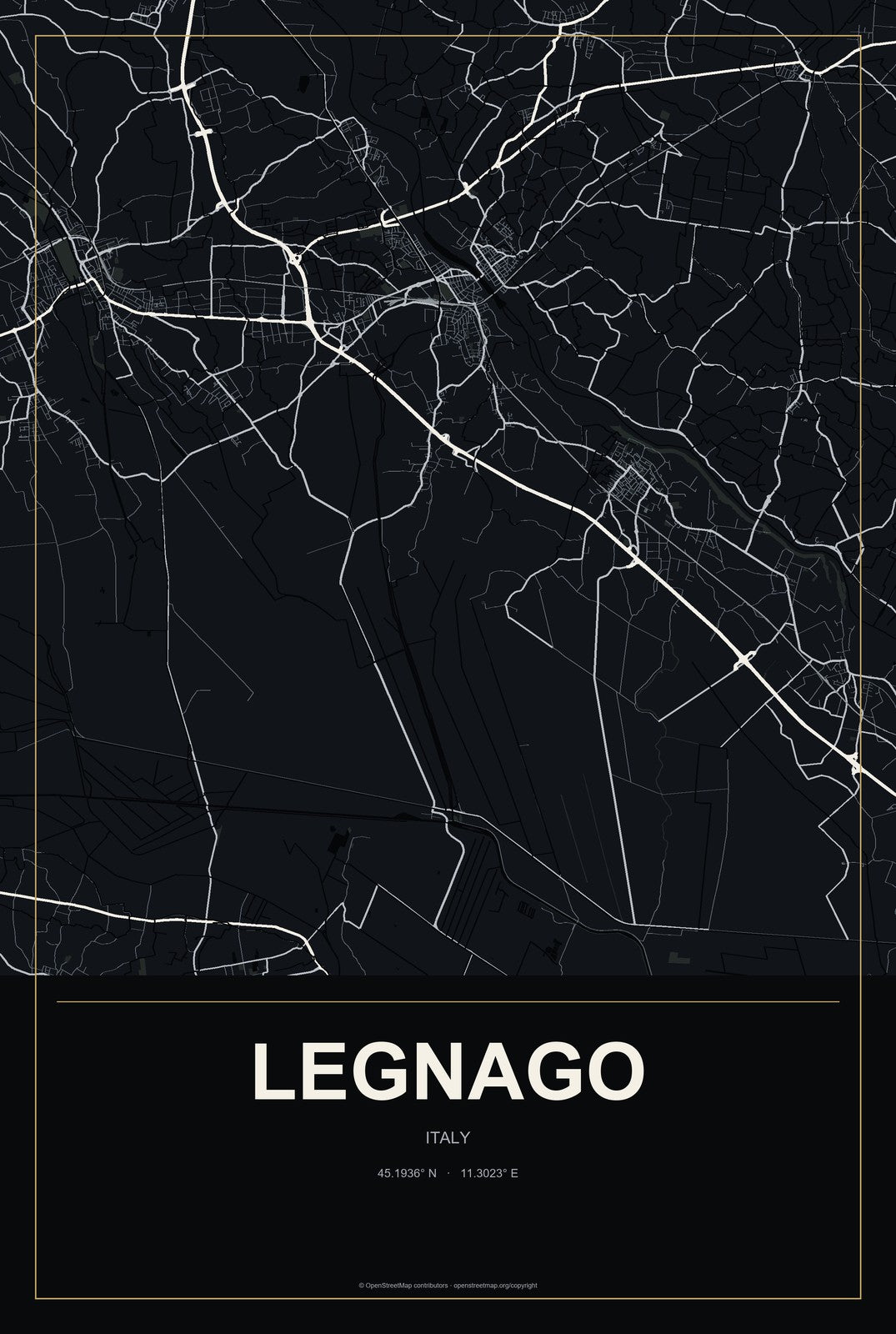 Legnago, Italy City Map Aluminum Sign in Metropolitan Noir style