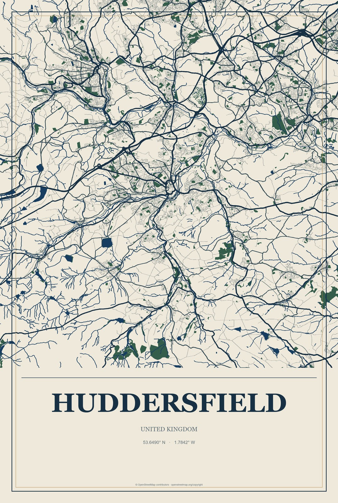 Huddersfield, United Kingdom City Map Aluminum Sign in Coastal Cutout style