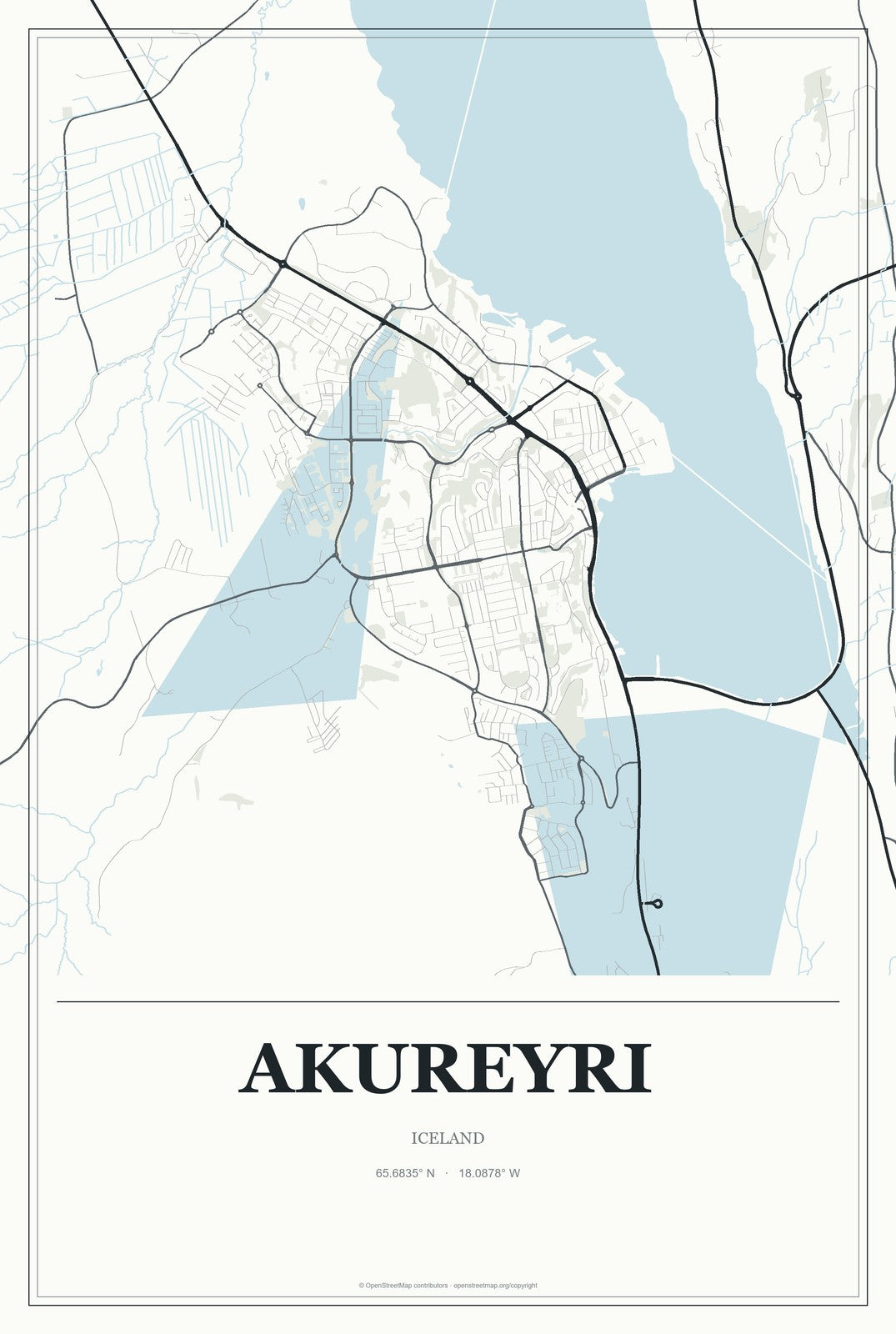 Akureyri, Iceland City Map Aluminum Sign in Gallery Air style