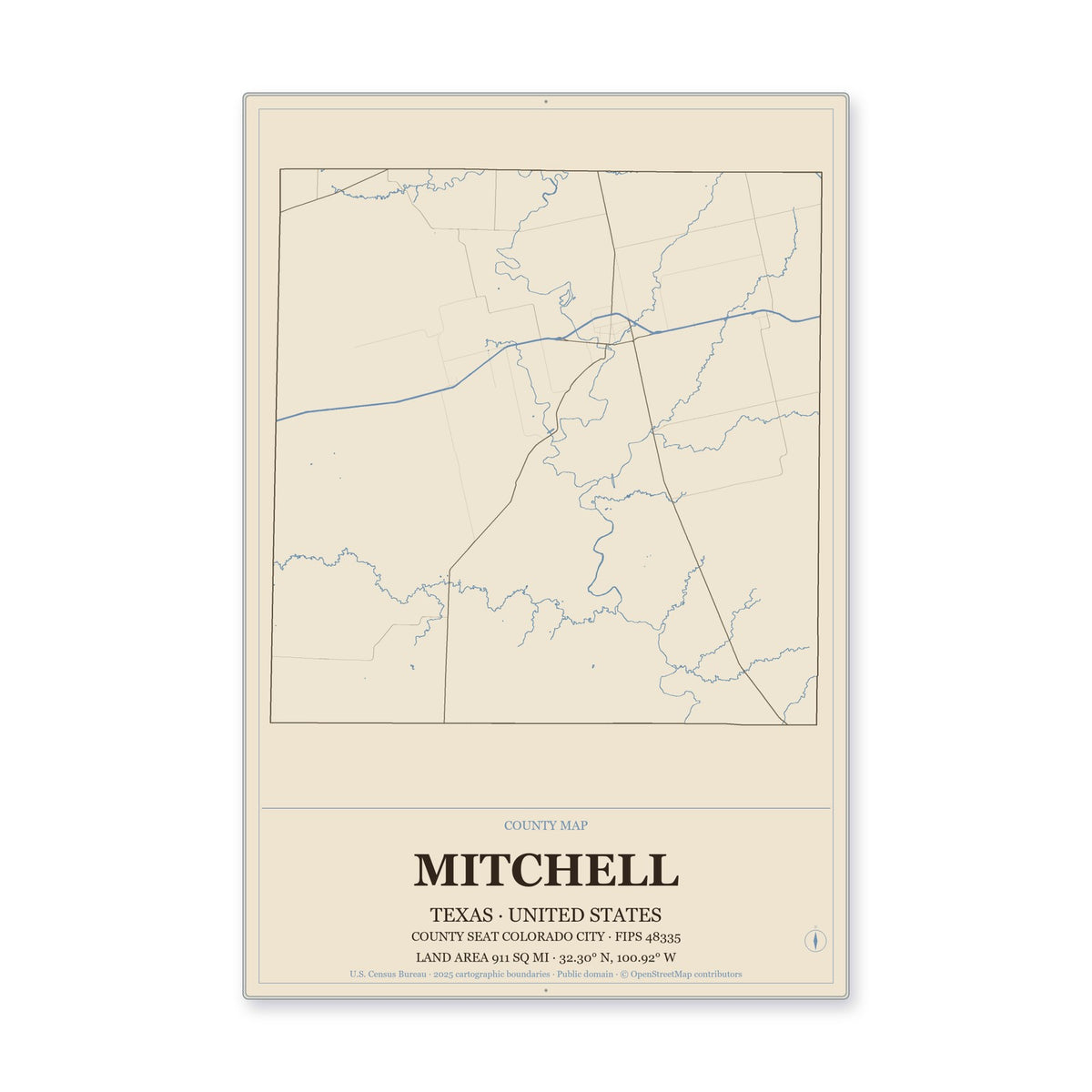 Mitchell County, Texas Map Aluminum Sign in Heritage Nautical style