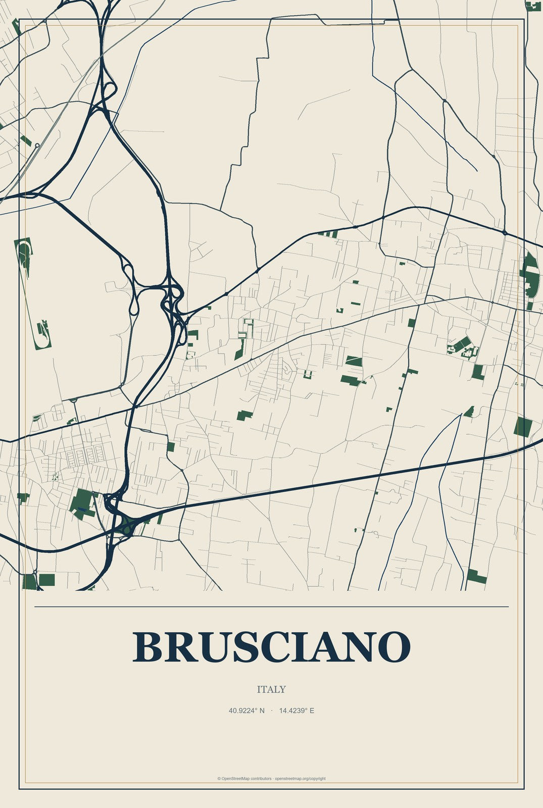 Brusciano, Italy City Map Aluminum Sign in Coastal Cutout style