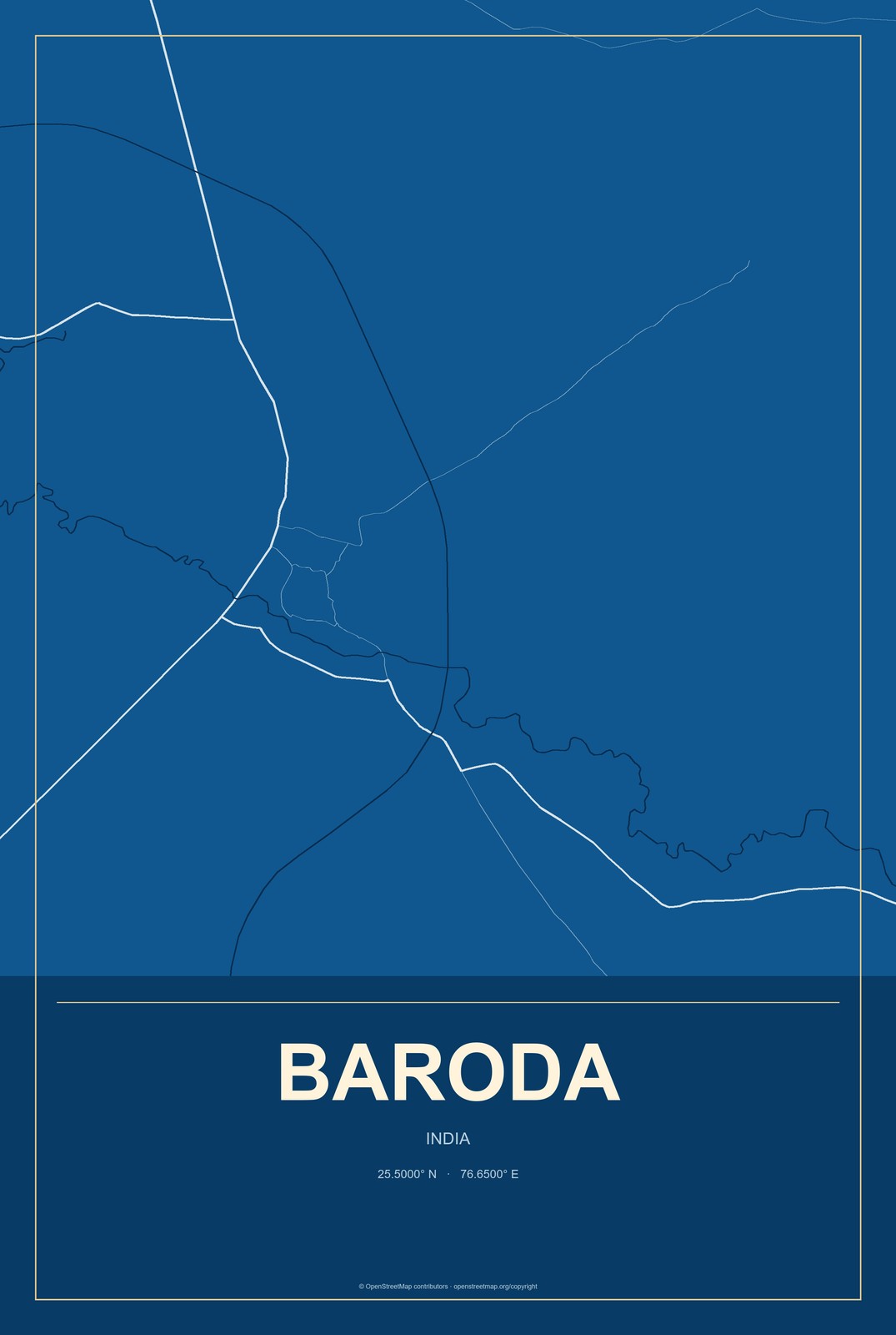 Baroda, India City Map Aluminum Sign in Harbor Cobalt style