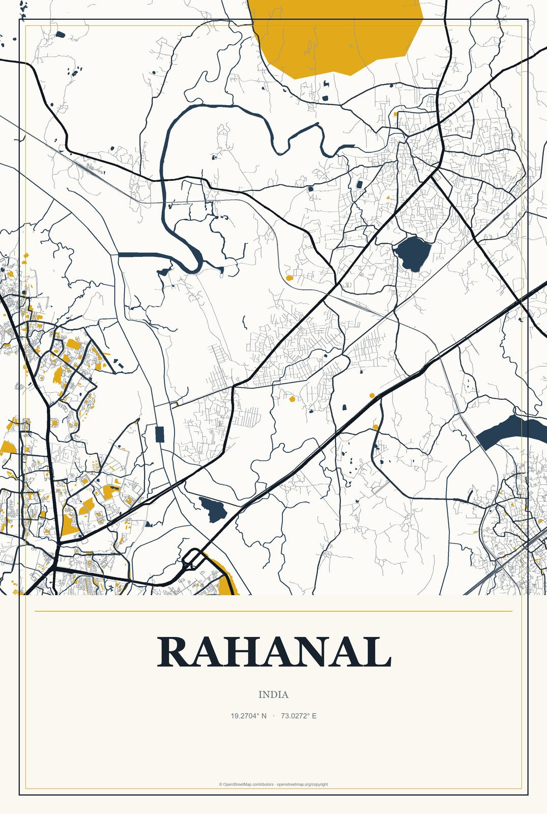 Rahanal, India City Map Aluminum Sign in Citrine Modern style
