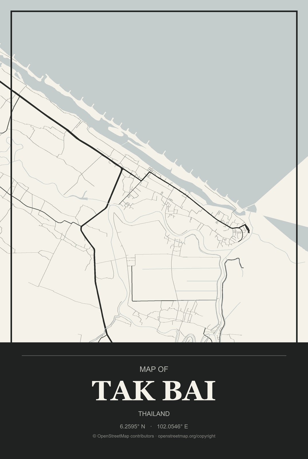 Tak Bai, Thailand City Map Aluminum Sign in Museum Plaque style