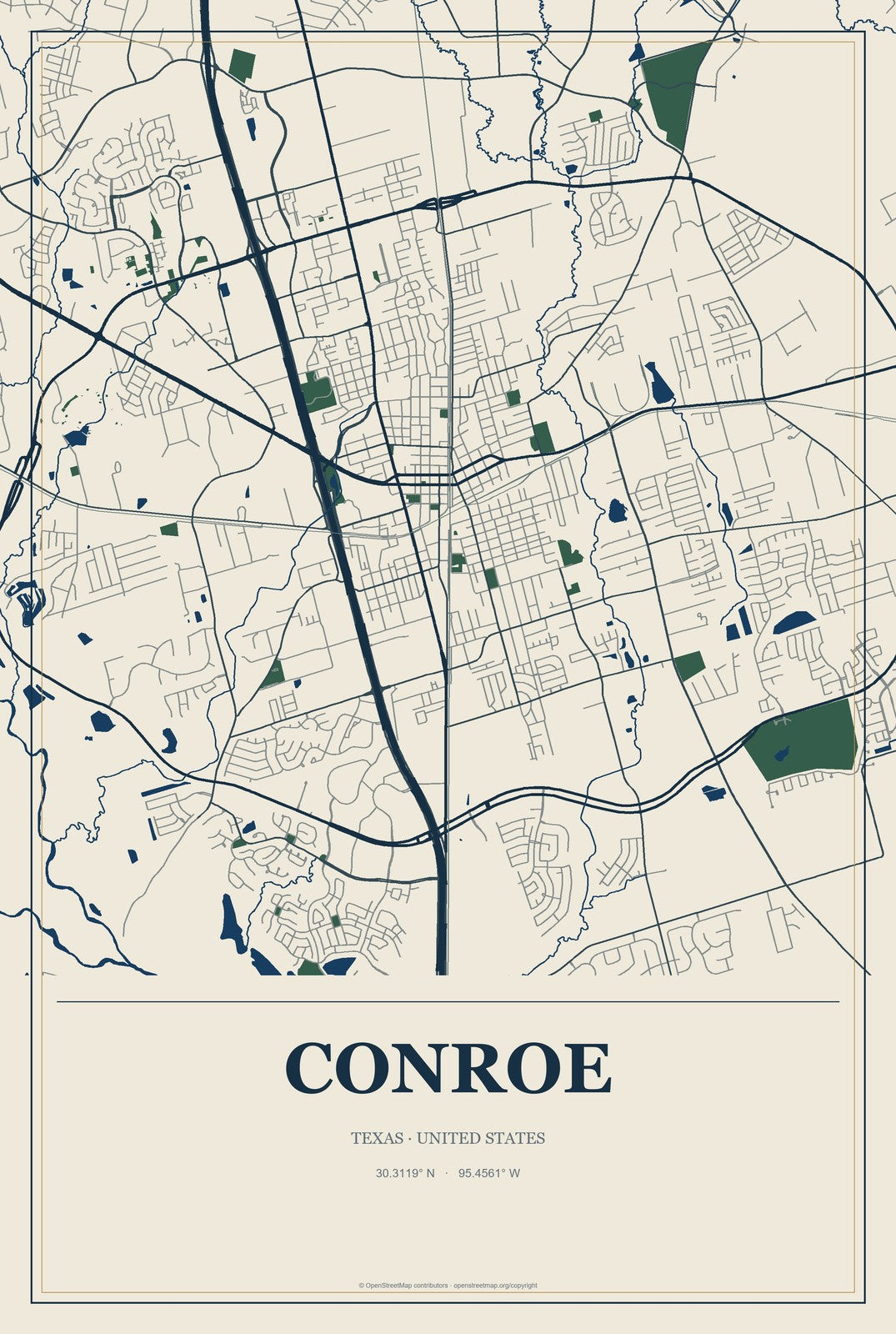 Conroe, Texas City Map Aluminum Sign in Coastal Cutout style