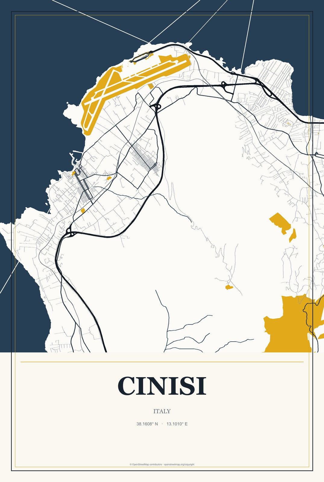 Cinisi, Italy City Map Aluminum Sign in Citrine Modern style