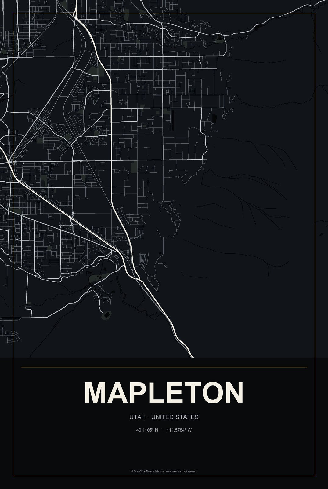 Mapleton, Utah City Map Aluminum Sign in Metropolitan Noir style