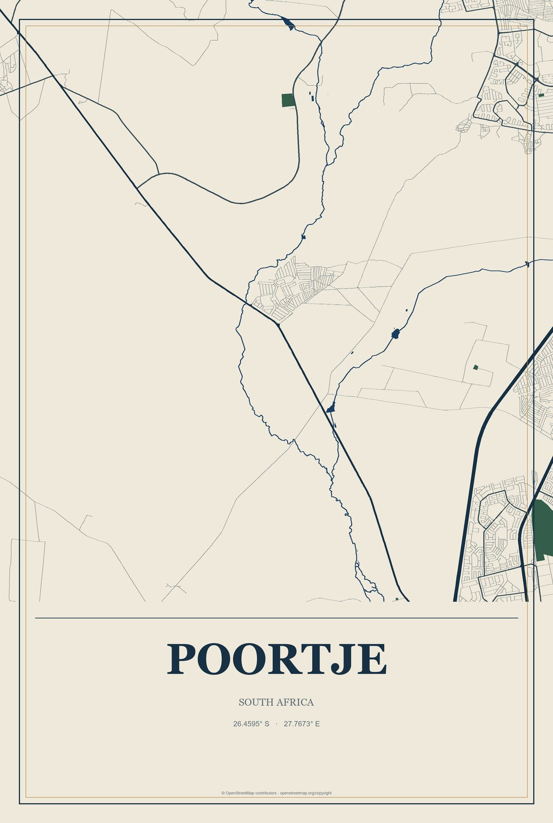 Poortje, South Africa City Map Aluminum Sign in Coastal Cutout style