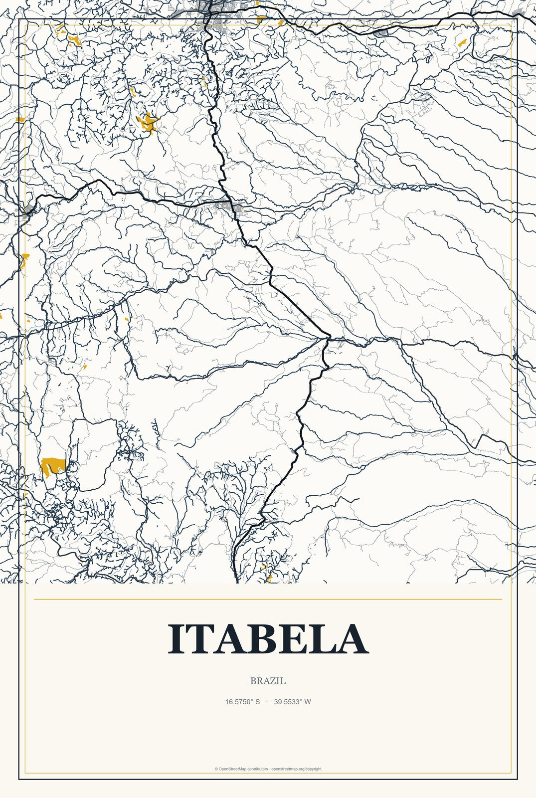 Itabela, Brazil City Map Aluminum Sign in Citrine Modern style