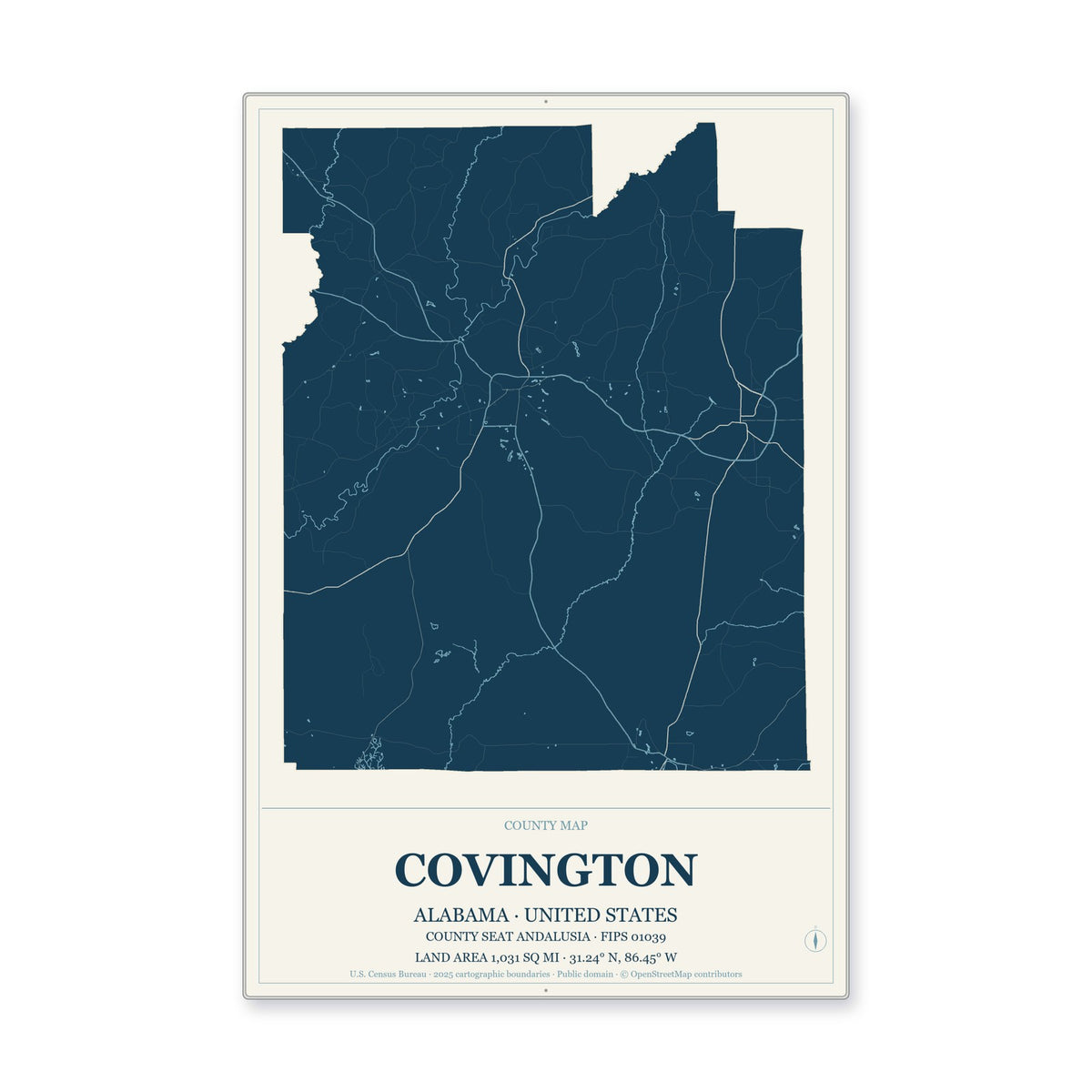 Covington County, Alabama Map Aluminum Sign in Coastal Cutout style