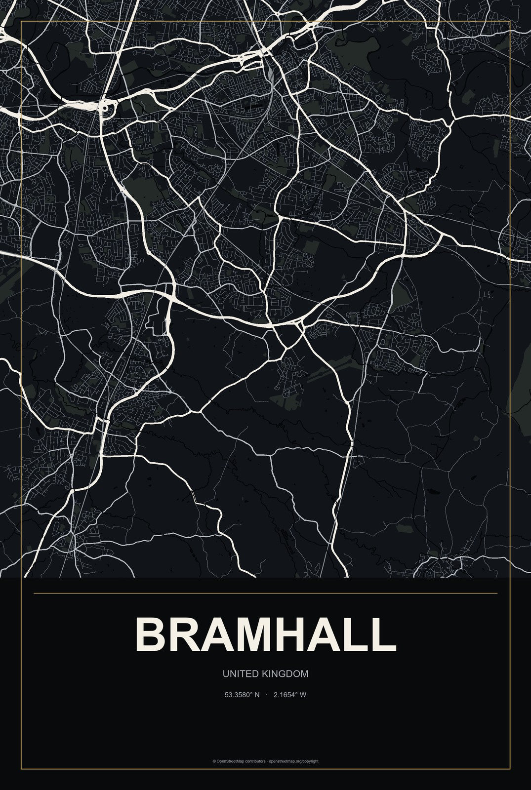 Bramhall, United Kingdom City Map Aluminum Sign in Metropolitan Noir style