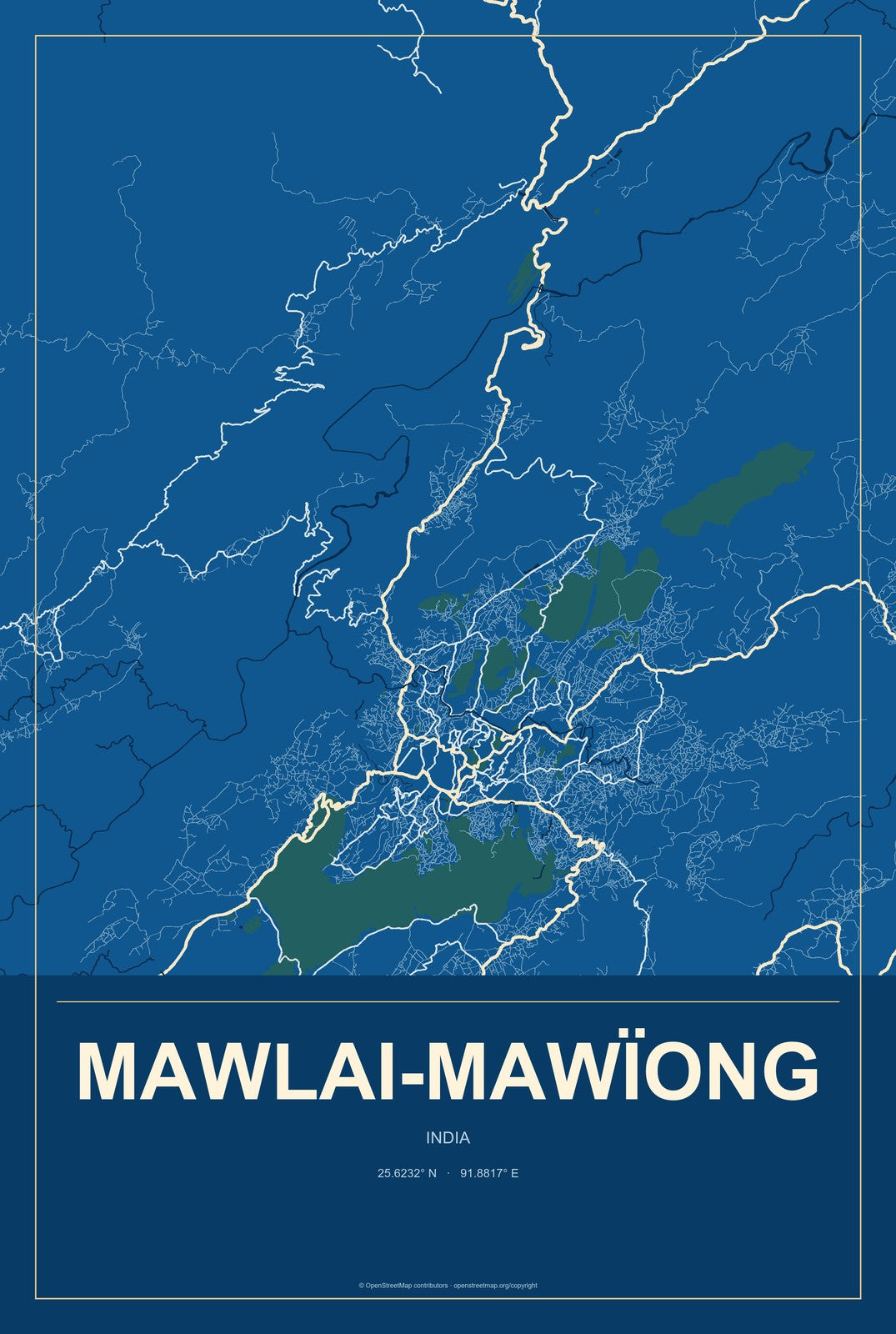 Mawlai-Mawïong, India City Map Aluminum Sign in Harbor Cobalt style