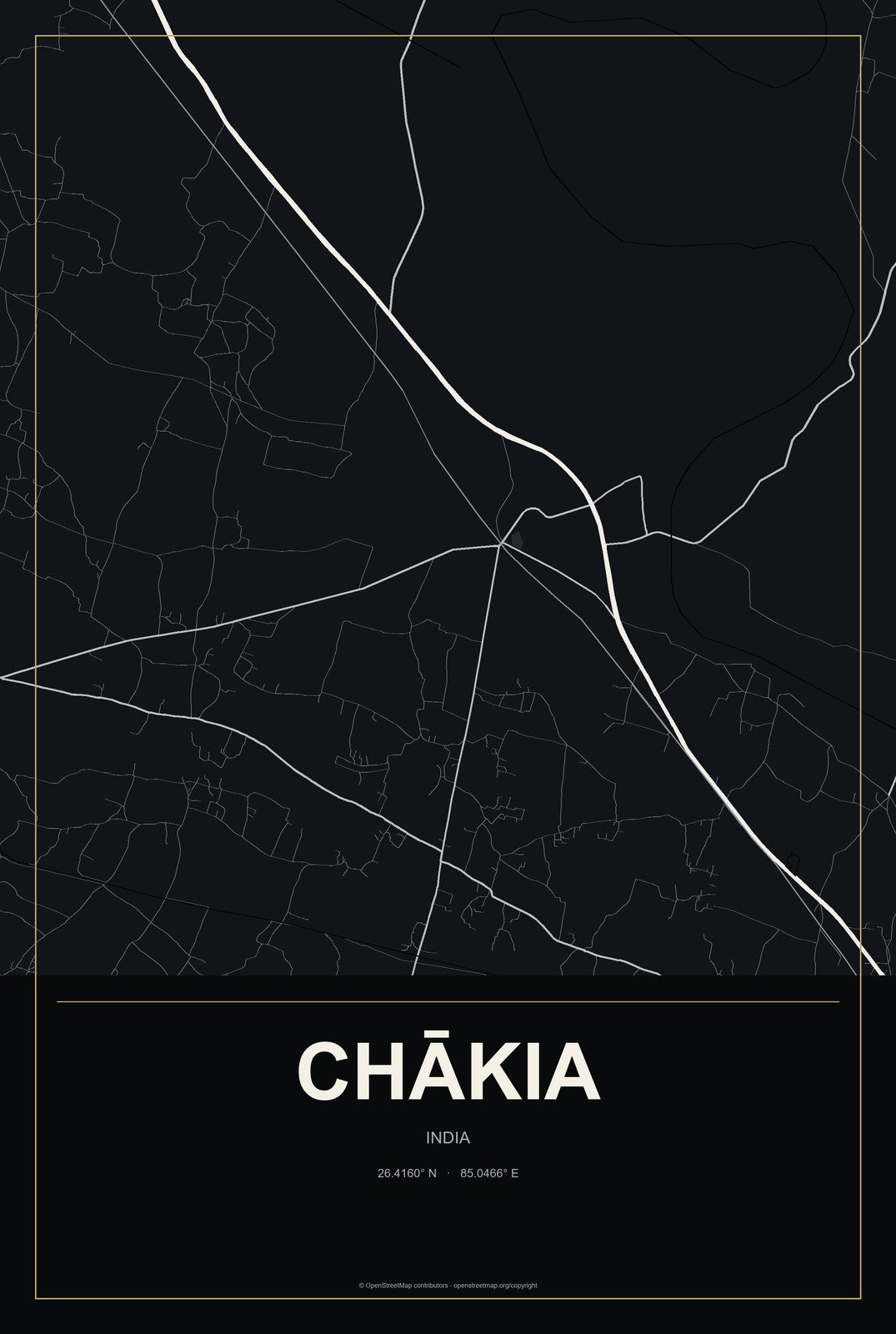Chākia, India City Map Aluminum Sign in Metropolitan Noir style