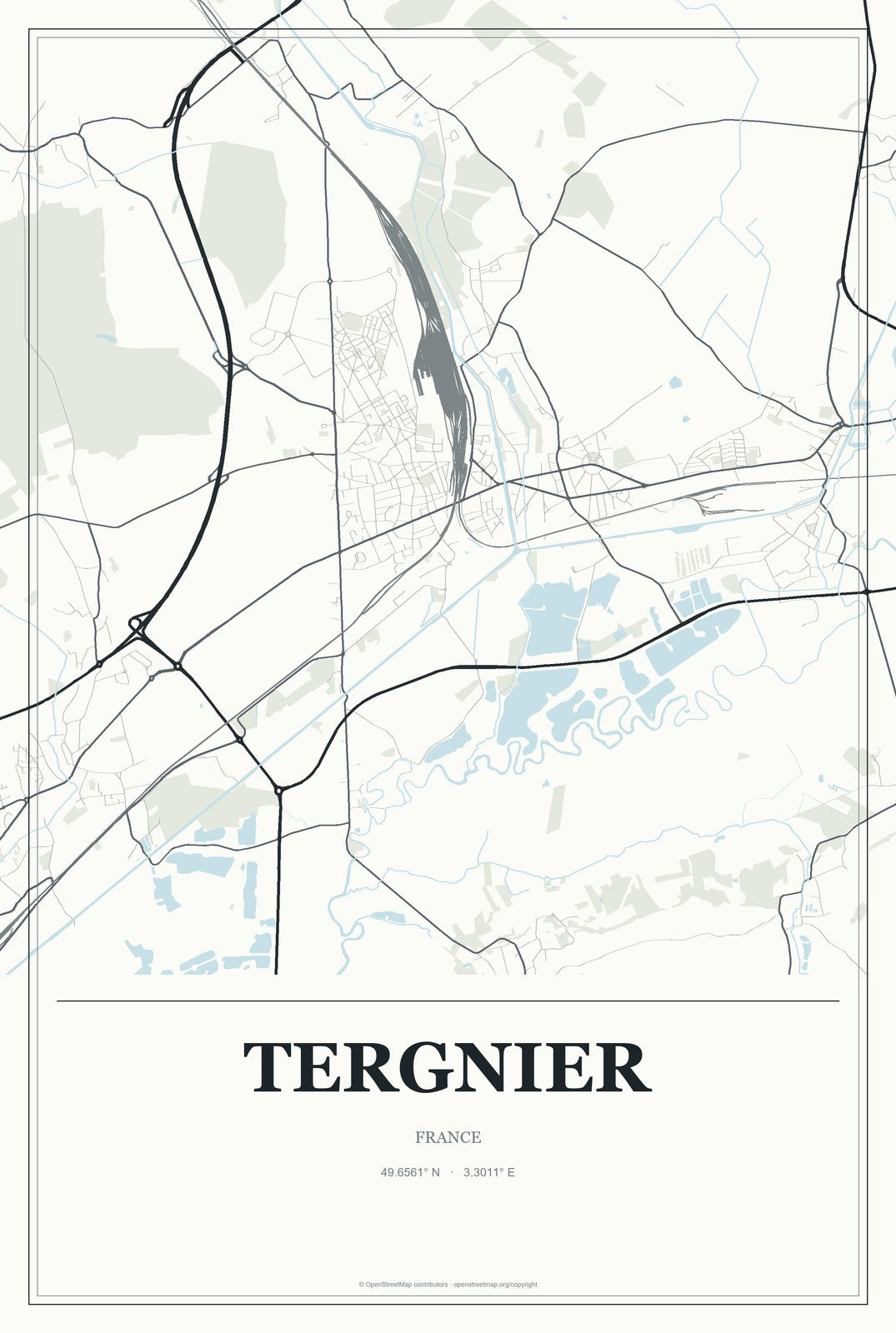Tergnier, France City Map Aluminum Sign in Gallery Air style